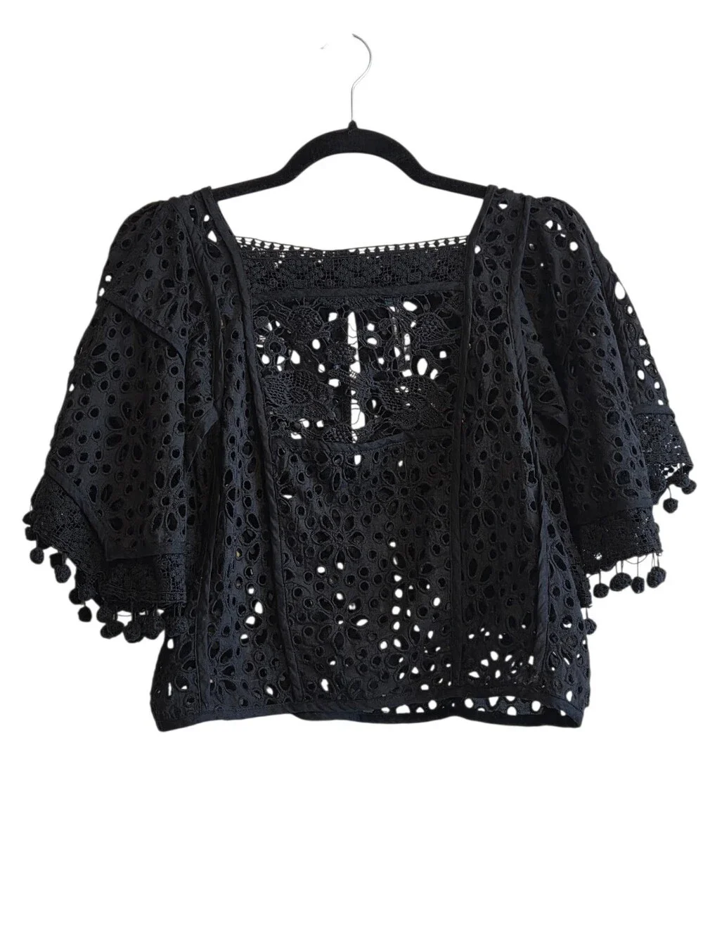 By Anthropologie Black Sheer Boat Neck Victorian Cutwork Eyelet Pom-Pom Top Sz S